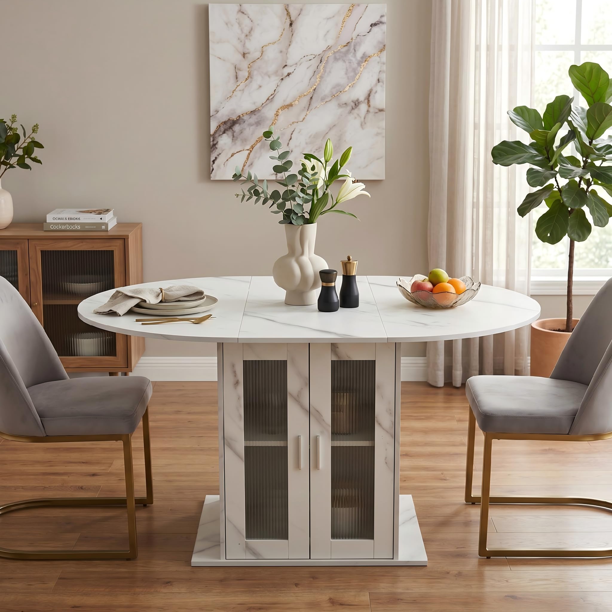 Tavolo da pranzo allungabile rotondo, 100-140 cm, tavolo da cucina con ripiani rimovibili, tavolo da pranzo rotondo ovale con vano portaoggetti, tavolo bianco per un piccolo frigorifero