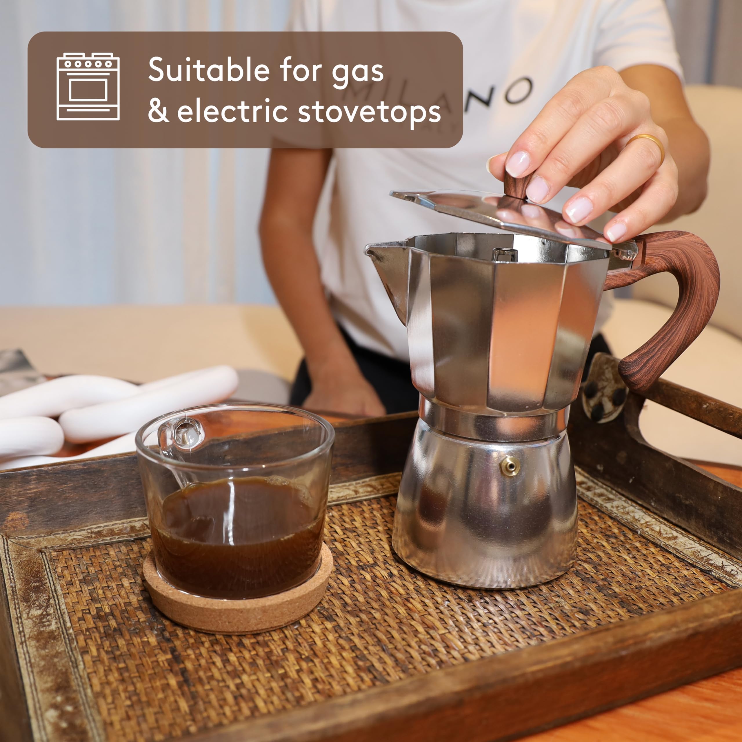 JS Gourmet 6 Cup Aluminum Moka Pot Espresso Maker with Wooden