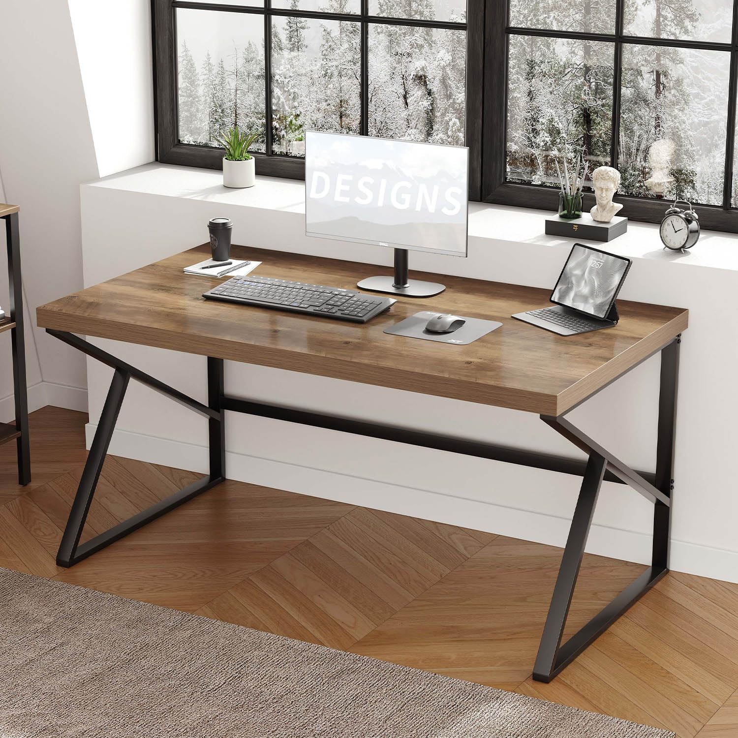 HSH Industrial Home Office Computer Desks, Farmhouse Metal and Wood Desk Computer Table, Simple Bedroom Laptop PC Desks for Student Writing Study Gaming Executive Workstation, Light Oak, 140cm — image 1
