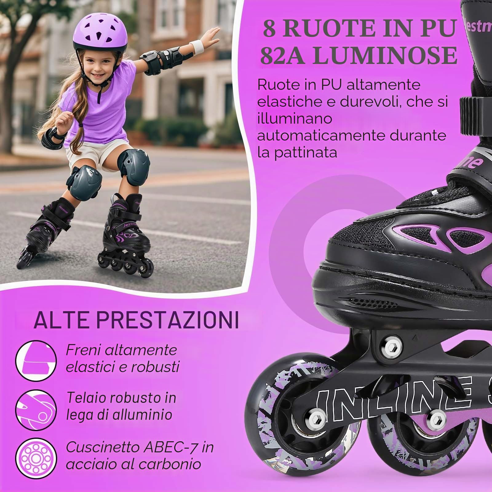 Pattini in linea per bambini, pattini a rotelle bambina regolabili per bambini ragazze ragazzi principianti per interni ed esterni