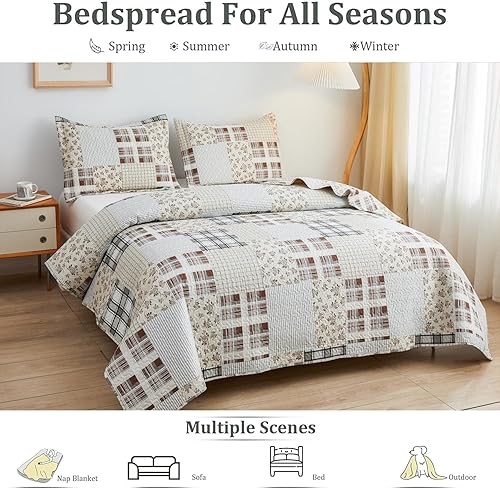 Miniatura 6 de Jarson Juego de edredón a cuadros de 3 piezas, tamaño individual, juego de ropa de cama ligero y suave a cuadros de verano, colcha reversible de