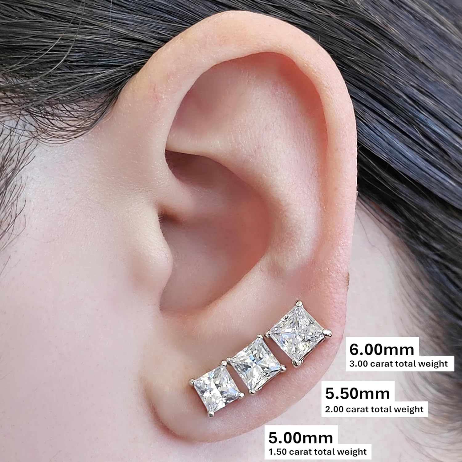 14K Gold Posts & Sterling Silver Princess Cut CZ Stud Earrings Made with Swarovski Zirconia, 1.50-4.00ctw - Image 3