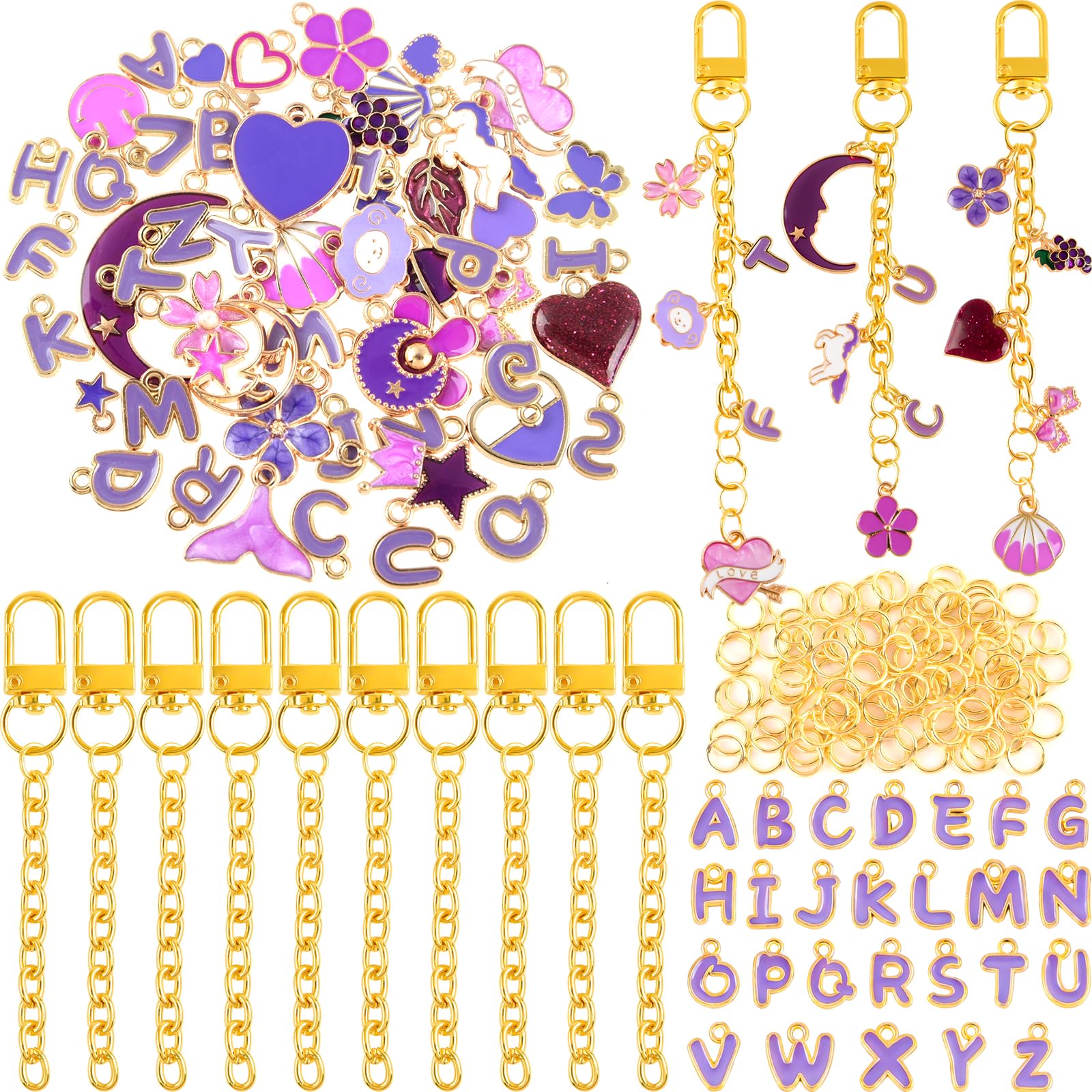 NEBURORA Bag Charms Kit Lip Gloss Keychain Making Kit,56 Cute Charms 10 Keychain Clips with Key Chain Hooks and 100 Jump Ring Jewelry Making Kit for DIY Women Gifts Craft Supplies（Purple