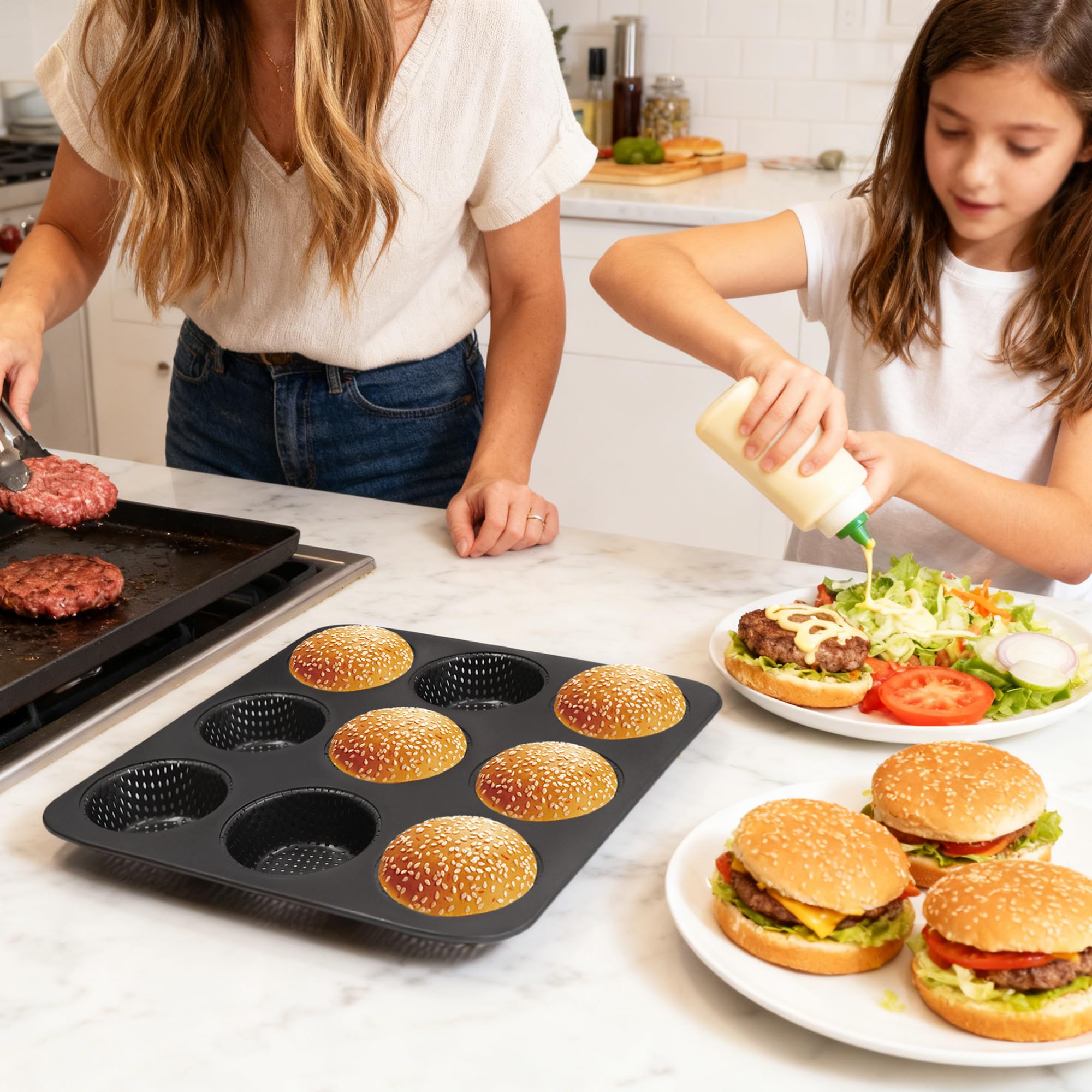 Molde para hornear hamburguesas de 9 cavidades, bandeja antiadherente de acero al carbono con agujeros de ventilación para bollos, magdalenas y pasteles caseros