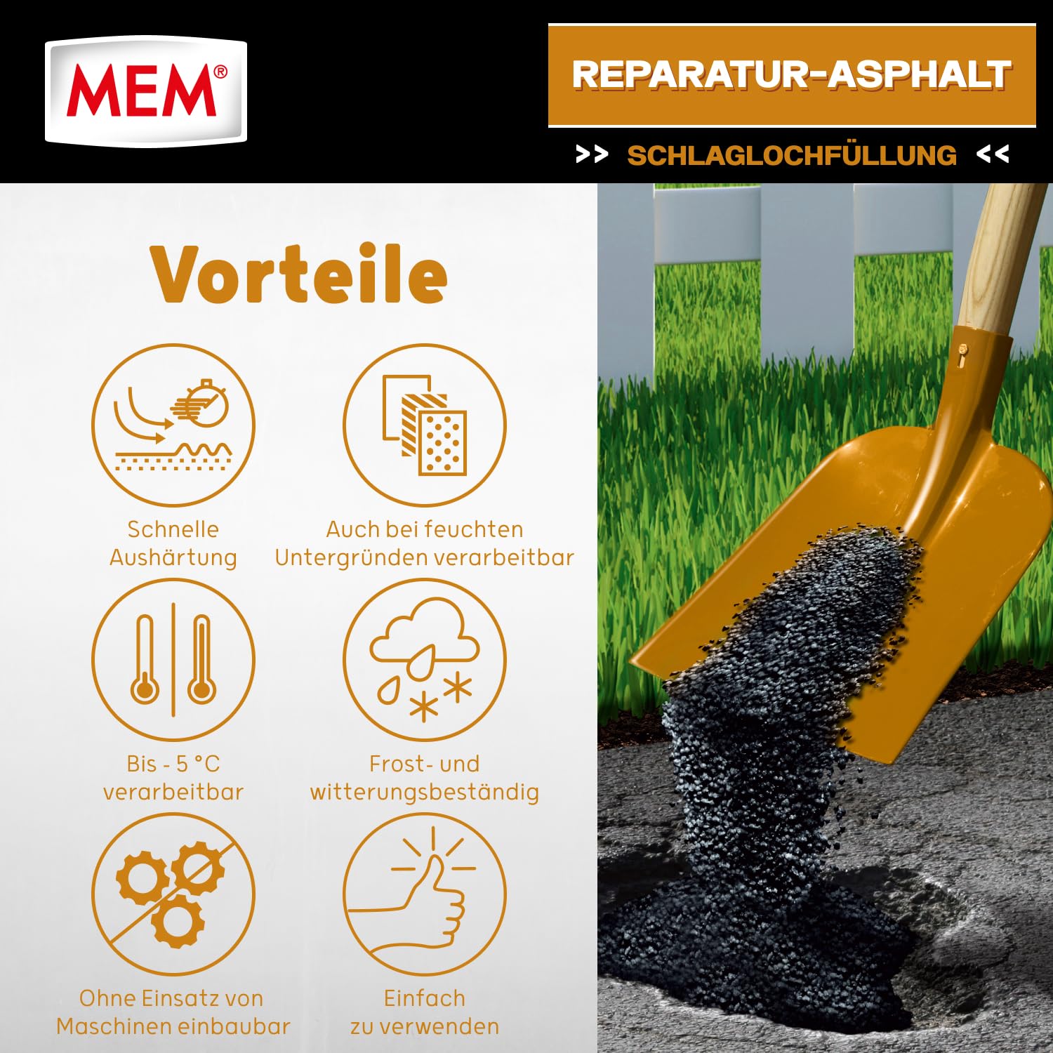MEM Reparatur Asphalt 30836931 - Prodotto di riparazione per asfalto, elimina i danni alla strada, pronto all'uso, facile da lavorare, superfici utilizzabili immediatamente, per riempire buche, 10 kg