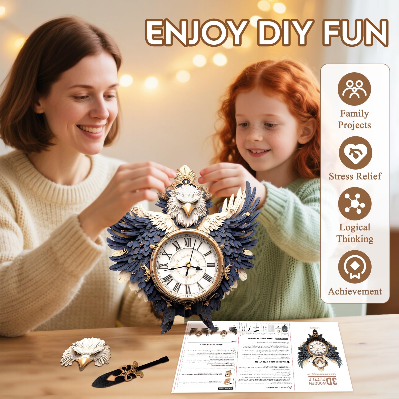 Puzzle 3D per adulti, con design a forma di aquila, orologio a pendolo meccanico fai da te con numeri romani, decorazione da scrivania, casa e ufficio, regalo personalizzato per gli amanti