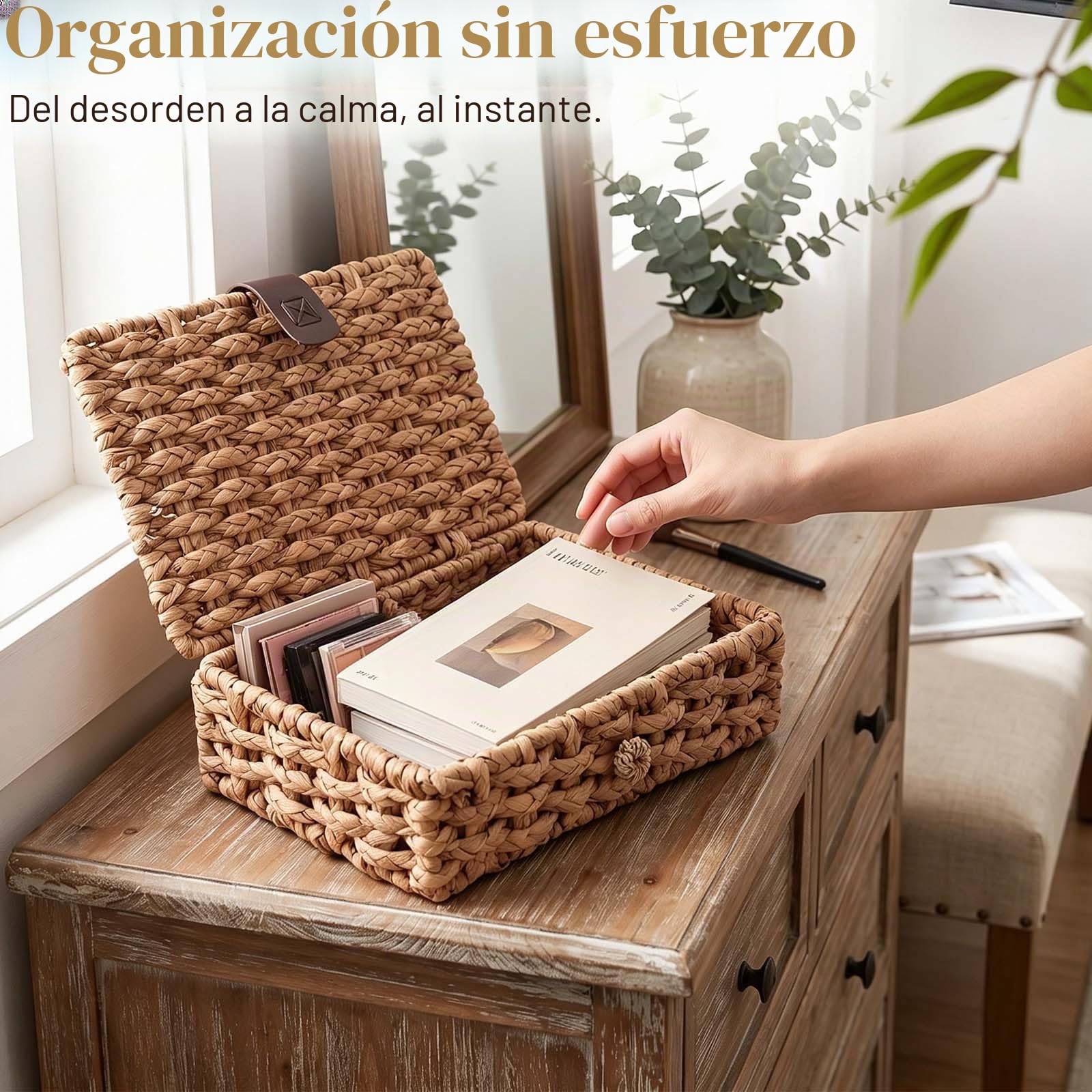 Cesta de Mimbre con Tapa, Cesta Almacenaje Tejida en Jacinto de Agua para Estante, Mesa de Centro, Mesa Consola, Decoración del Hogar (Grande)