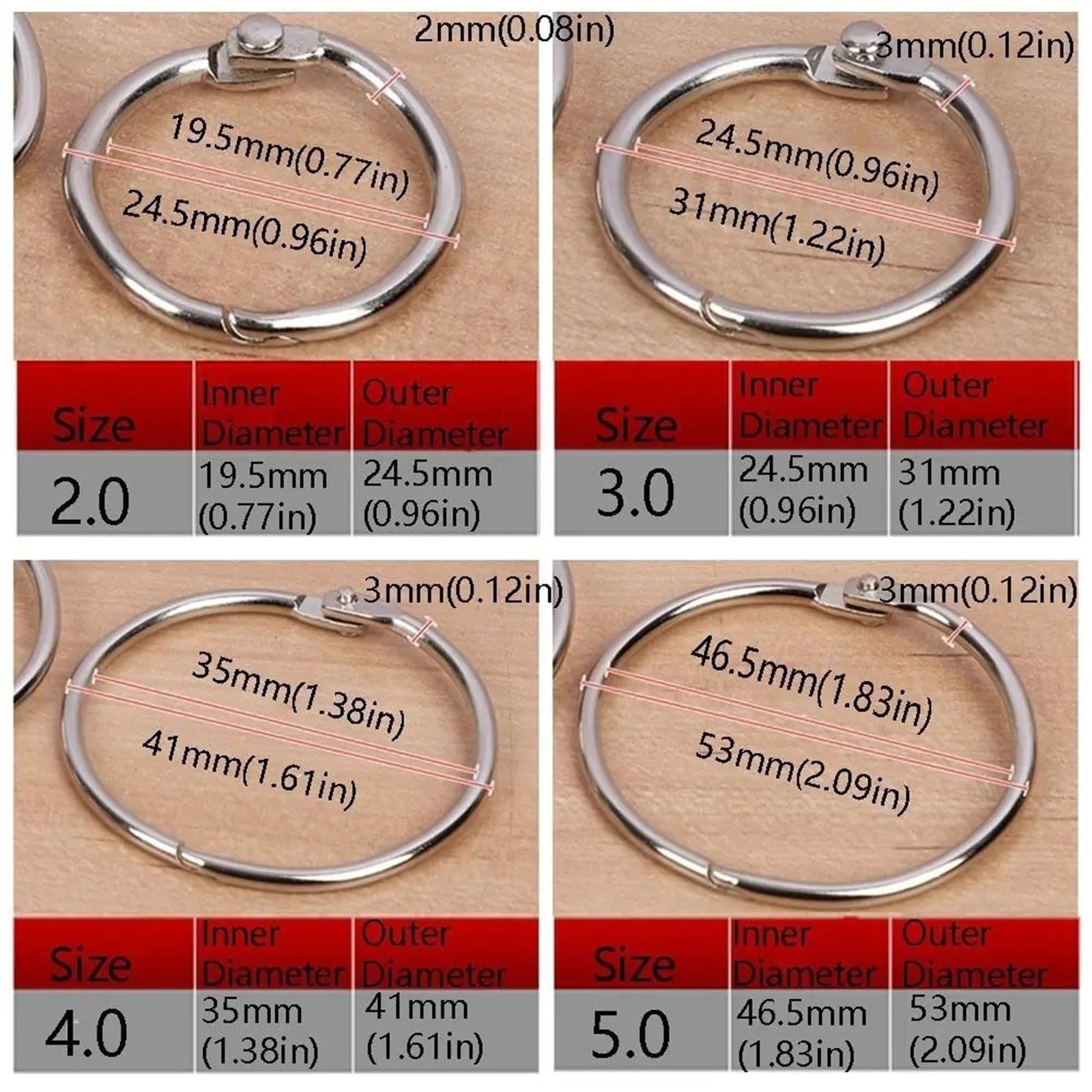 Anelli Metallici Per Raccoglitori Ad Anelli Cerchi for raccoglitori ad anelli in metallo da 50/100 pezzi, dimensioni assortite, fogli sciolti(4.0 100pcs)
