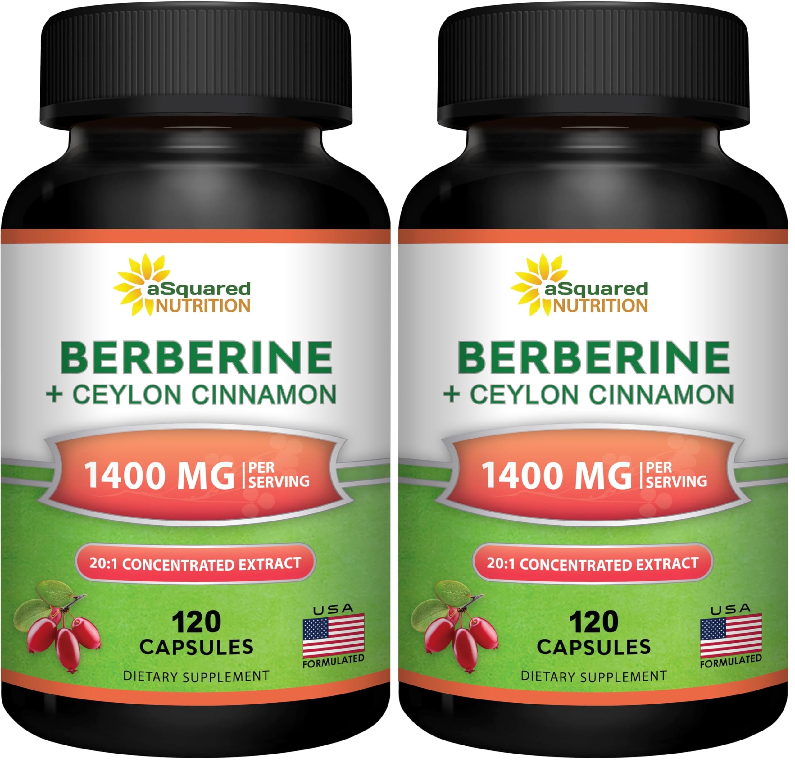 aSquared Nutrition Berberine with Ceylon Cinnamon Supplement - Max Strength Complex - 120 Capsules - Berberine HCl 1200mg Per Serving - Extract Plus Pills Alternative to Gummies & Drops (Pack of 2) 120 Count (Pack of 2)