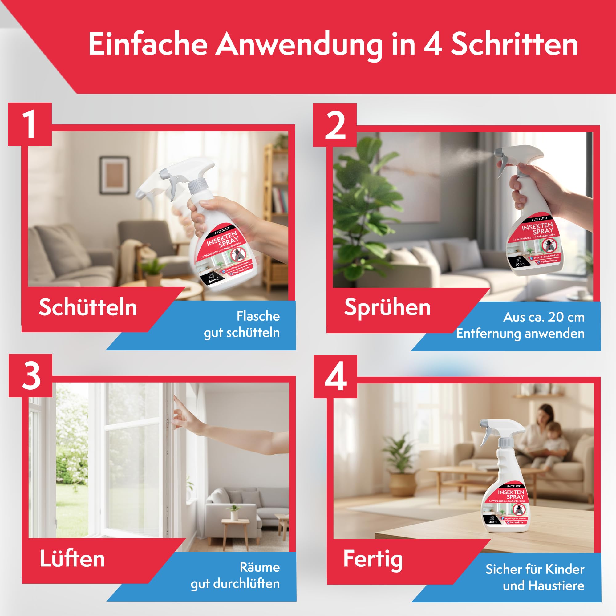 Pattler Insektenspray 500 ml – Fliegenspray & Mückenspray – Insektenspray für Innenräume – Ungezieferspray gegen Fliegen, Mücken & weitere Insekten – Wohnung, Keller & Schlafzimmer