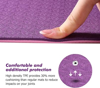 TPE Yoga Mat Non Slip with Alignment Lines, 1/4 inch Thick Travel Fitness Exercise Workout Yoga Mat Pad Cover Foldable with Carry Bag for Yoga, Pilates, Gym (Purple + Pink)