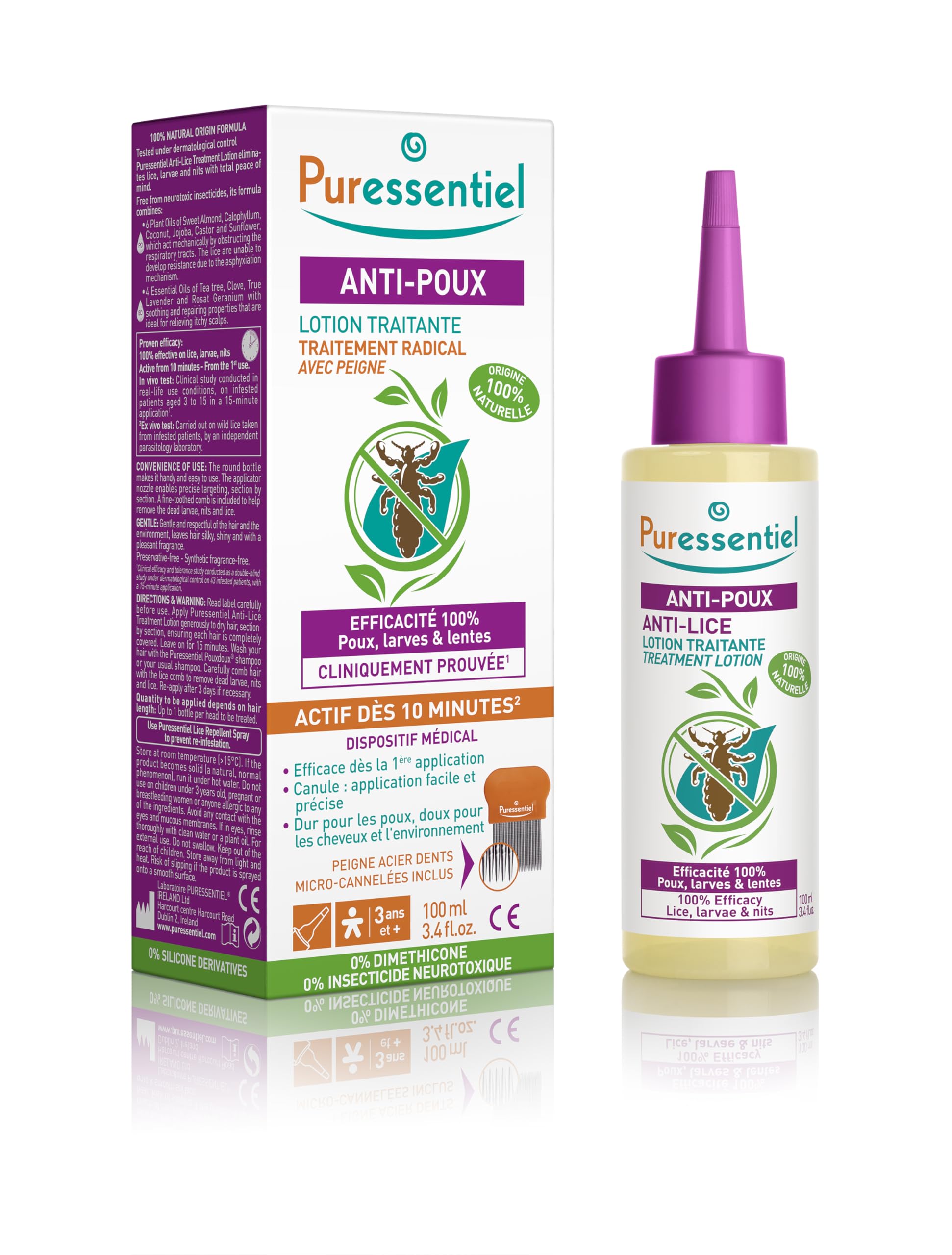 Puressentiel - Anti Piojos - Loción Tratamiento Anti-​Piojos con peine - Eficacia probada en la eliminación de piojos, larvas y liendres - 100% de origen natural - 100 ml
