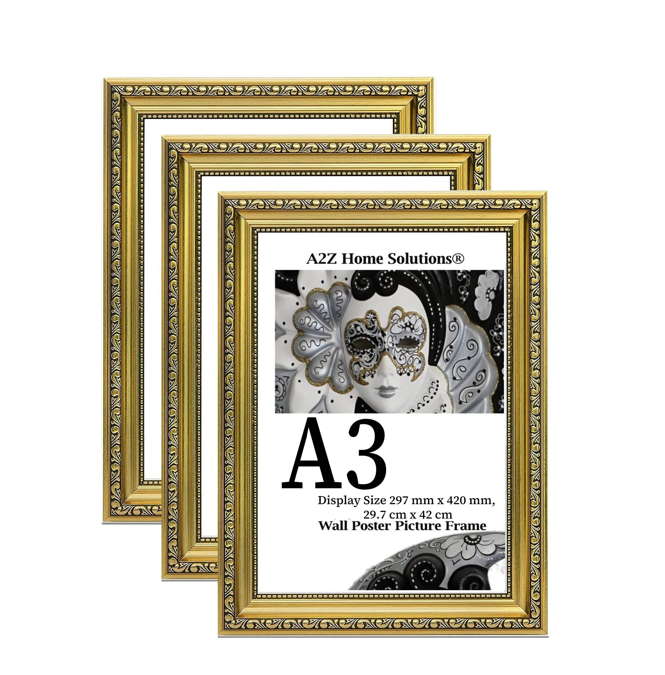 A2Z Home Solutions® Vintage Gift Gold A3 Photo Frame (Set of 3) Picture Poster Print Size 29.7 cm x 42 cm Shaby Chic Antique Wall Decor With Clear HD Acrylic Glass Strong Moulding