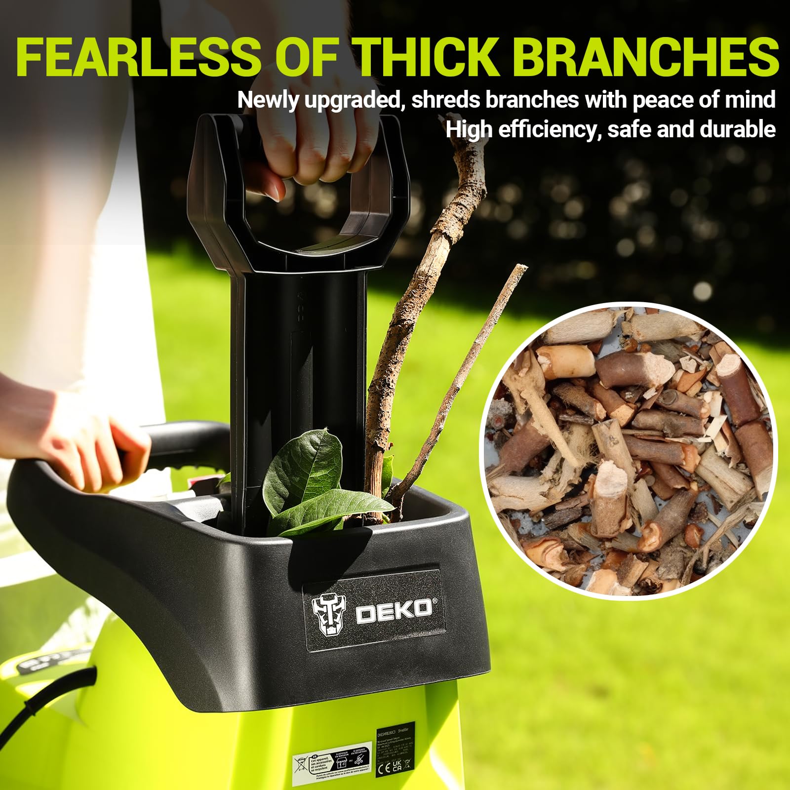 Biotrituratore Elettrico Trituratore da Giardino: DEKOPRO 2800W con Cesto 60L e Protezione da Sovraccarico, Cippatore Elettrico da 54 Giri/Min per Rami Ø45 mm, Trituratore Rami e Foglie
