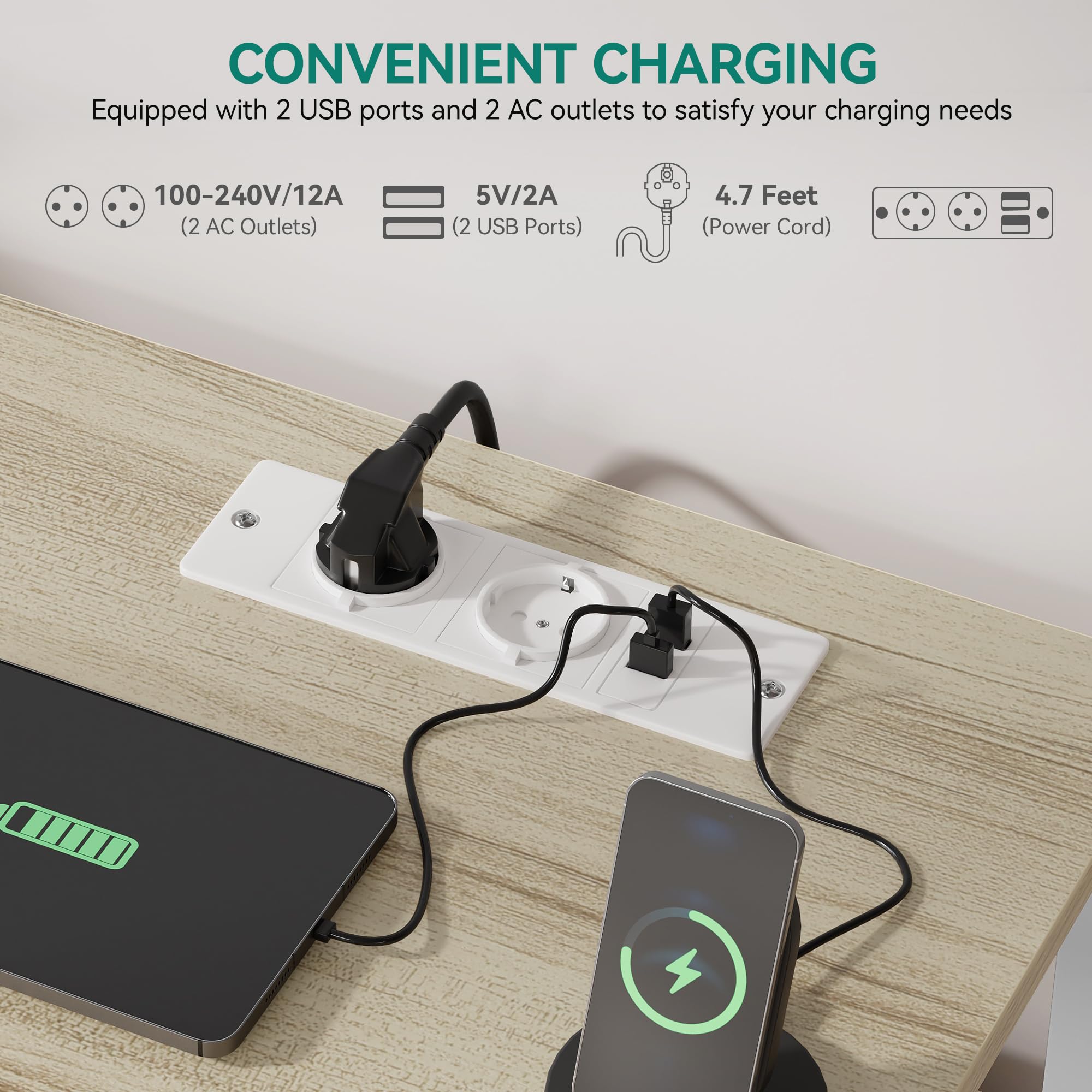 YITAHOME Komoda do sypialni z 4 szufladami z materiału, kredens z 2 gniazdami, 2 portami USB i listwą świetlną LED, szafka pod telewizor z haczykami bocznymi, jasnoszara