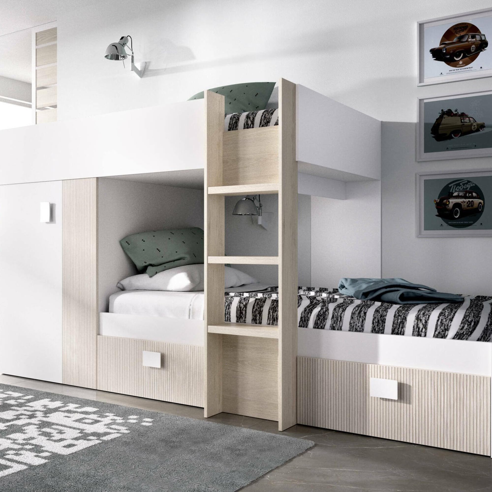 Dmora - Letto per bambini Cevedale, Cameretta completa con armadio e cassetti, Composizione letto a castello con due lettini singoli, 271x111h150 cm, Bianco e Rovere