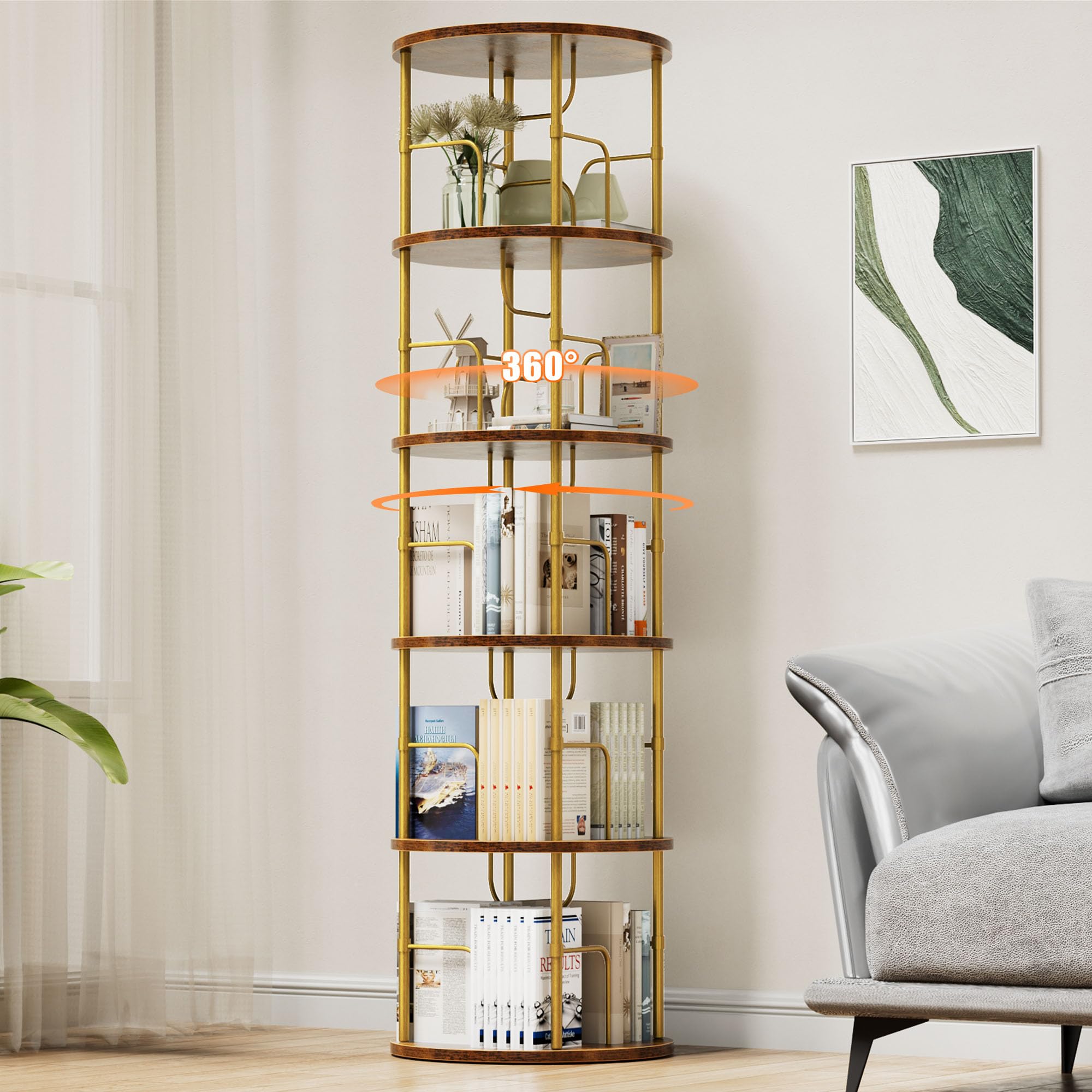 OCTORO 5 Tier Rotating Bookshelf, 360° Corner Bookshelf Tower, Round Revolving Bookcase with Adjustable Levels, Spinning Book Shelf for Home Office, Bedroom, Living Room, 45 x 45 x 160cm, Gold