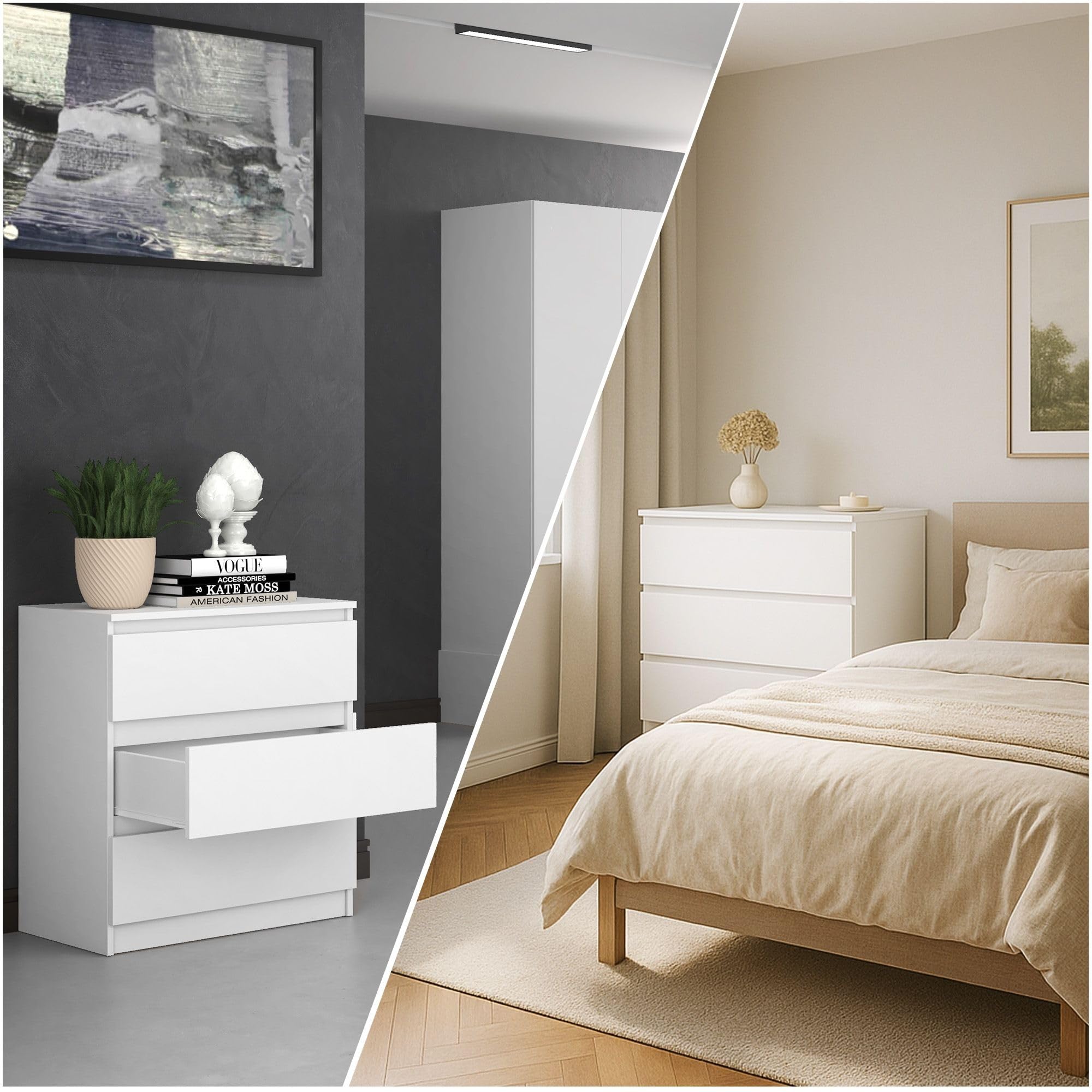 CDF Kommode mit Schublade Weiß Schrank Schubladenschrank 3 Schubladen Malm Kommode viel Stauraum Geeignet für Wohnzimmer Schlafzimmer Komodenschrank Organizer Kleidung 40T x 70B x 75H cm