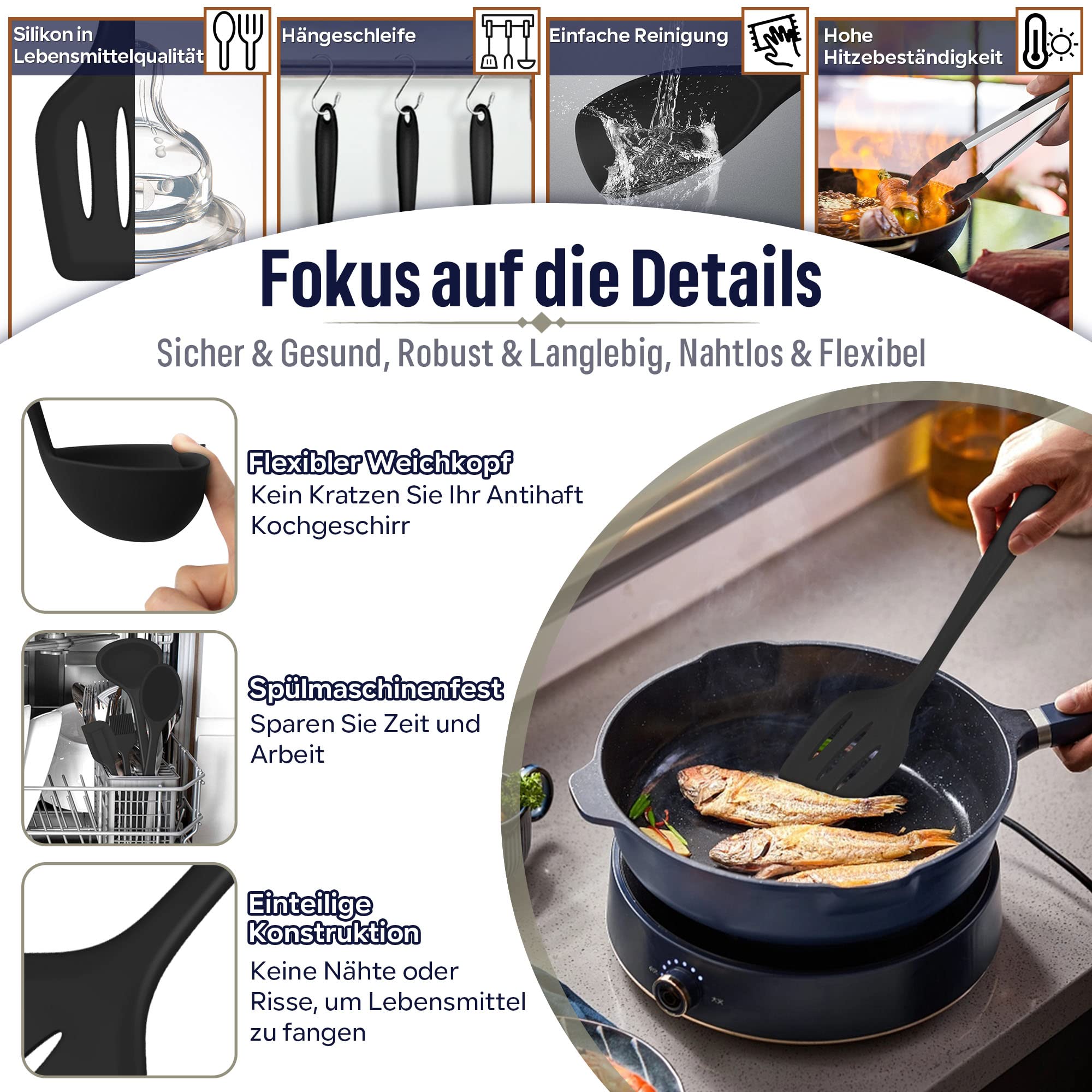 Küchenhelfer Set, Onader 12 teiligs Silikon Kochutensilien Kochbesteck Set, Antihaft Hitzebeständiger Kochgeschirr Küchenutensilien Set mit Utensilienhalter, Spülmaschinengeeignet - Schwarz