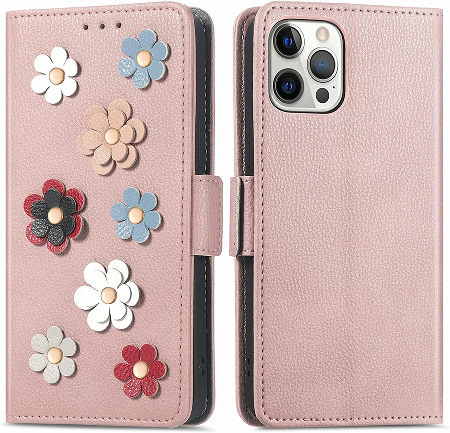 Étui en cuir de qualité supérieure iPhone 13 rose avec motif fleur 3D - 8