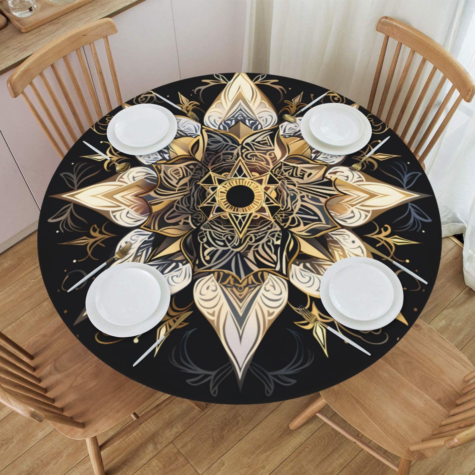 Mexpekil Round Fitted Table Cover with Elastic Edged Boho Magic Wipe Clean Tablecloth Waterproof Table Protector for Outdoor S fits 40-44 Inch Round Table