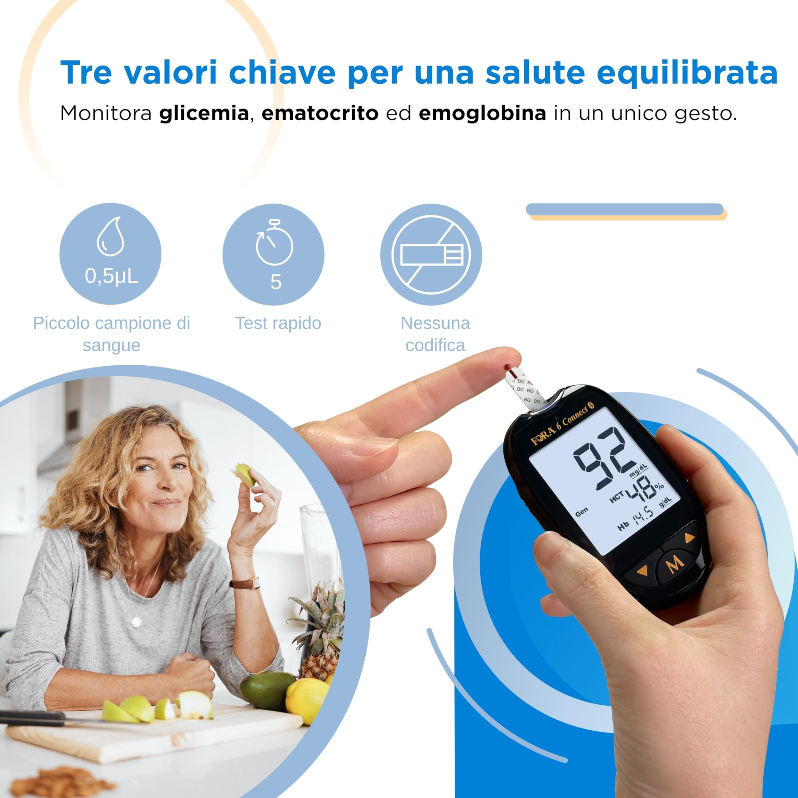 Kit FORA 6 Connect (mg/dl) con 50 Strisce 3-in-1 (Glicemia, Ematocrito, Emoglobina)