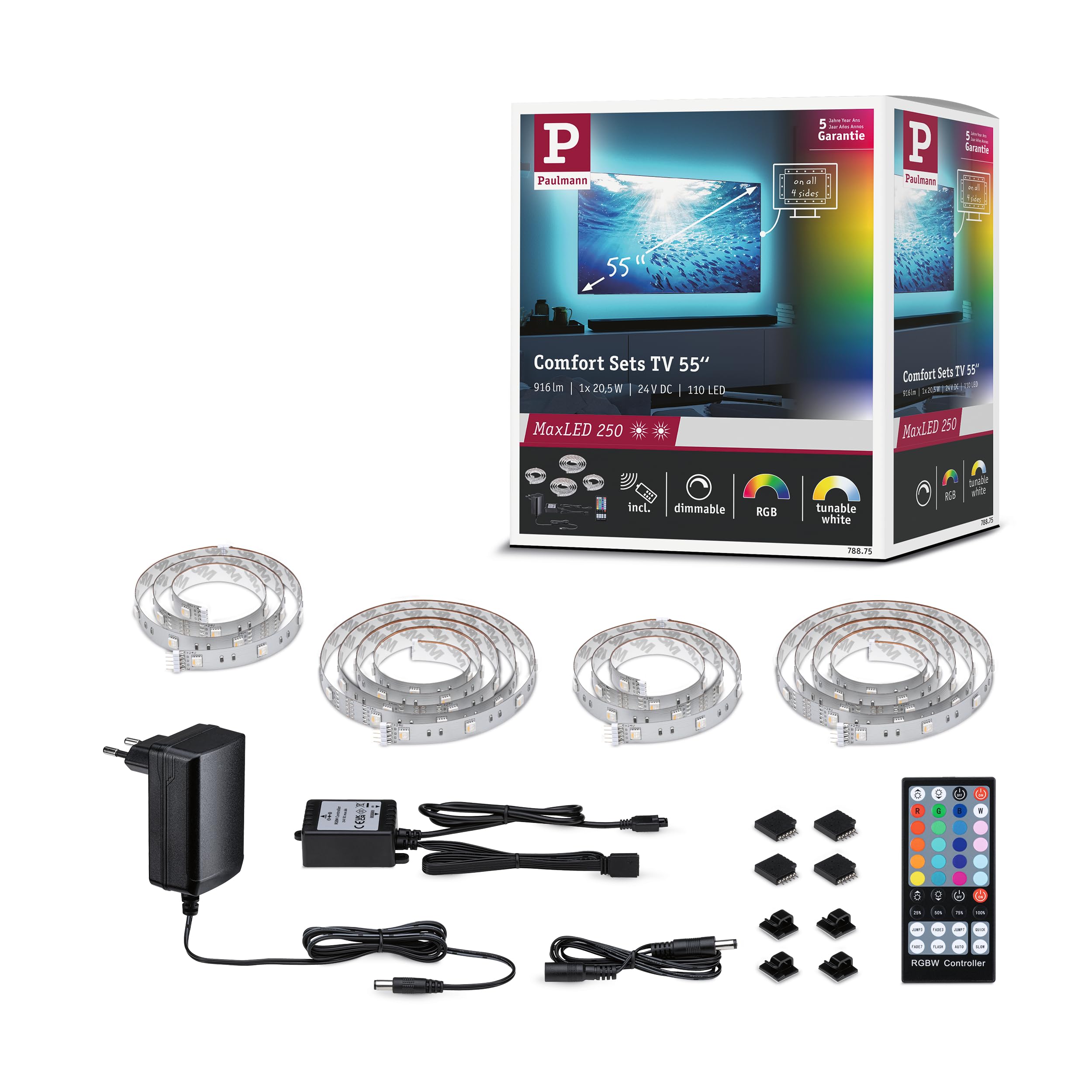 Paulmann 78875 MaxLED 250 LED Strip TV Comfort Basisset 55 Zoll 3,6m 20,5W 277lm/m 30LEDs/m RGBW+ 24VA dimmbar