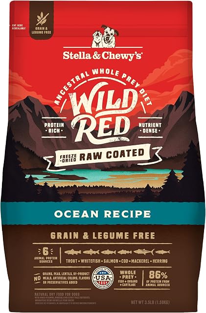 Stella & Chewy's Aliments pour chiens secs rouges sauvages Grain riche en protéines & Recette d'océan sans légumineuses, 1.58kg sac