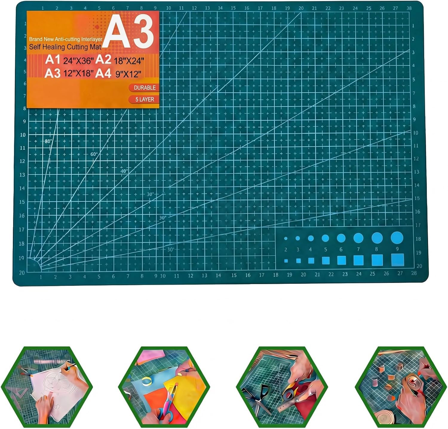 Self-Healing Sewing Mat,18"×24",5-Ply Double-Sided Rotating Cutting Mat for Precision Sewing, Fabric Cutting, Crafts and Scrapbooking,A2,Green