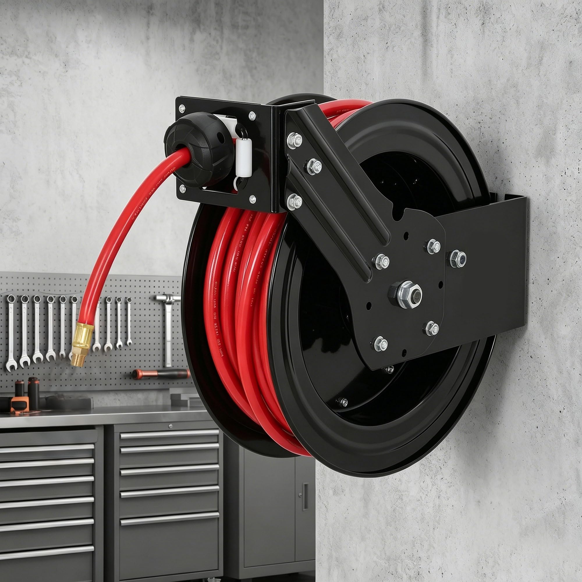 HOMCOM Carrete manguera aire automático 15m+1m | Conexión 1/4", 9,5x15,8mm, máx 20 bar, freno manguera, carrete con soporte pared.