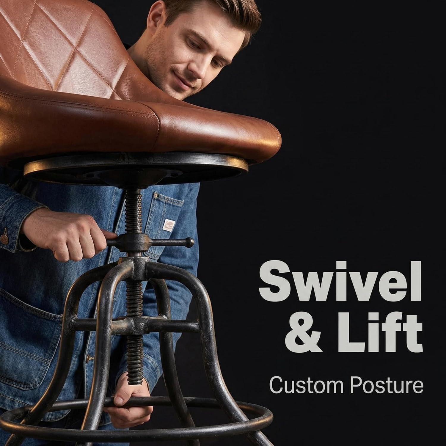 Diwhy Industrial Counter Stool, 22.44"-27.17" Adjustable Height PU Backrest Seat Bar Stool, Vintage Kitchen Dining Chair with Footrest, for Kitchen, Dining Side Chair, Bistro, Brown Leather
