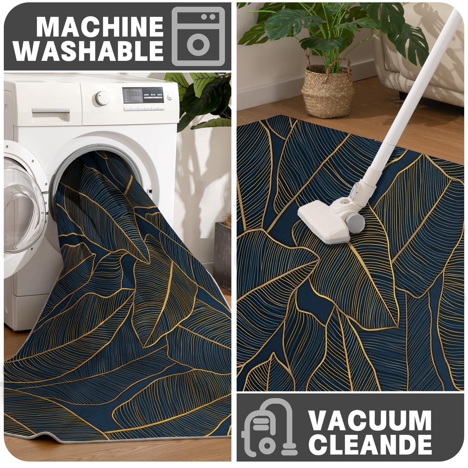 Tappeto Rotondo Salotto 100cm, Piante di lusso File di foglie di banano Tappeto Soggiorno Antiscivolo Pelo Corto, Tappeti Rotondi Lavabile Morbido Tappeti Camera da Letto Oro