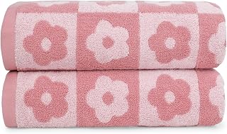 Jacquotha Pink Checkered Floral Bath Towels Set of 2 - Luxury 480GSM Cotton, 27.5x55 Inch Super Soft Absorbent Quick Dry for Bathroom Spa Pool