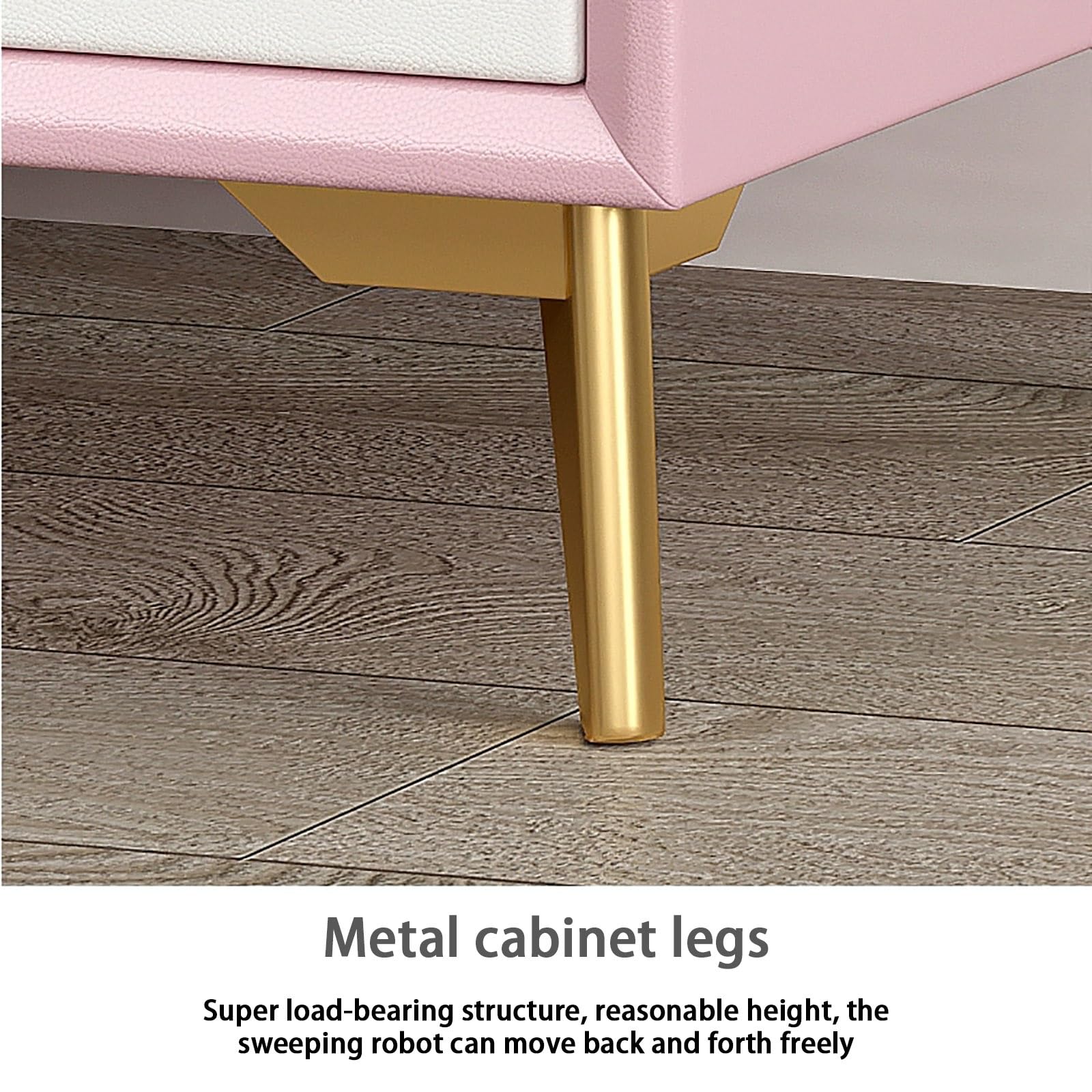 Mesita de noche de madera maciza con doble cajón y parte superior forrada de cuero, patas de metal modernas, mesita de noche resistente para dormitorio, sala de estar, organización y decoración de