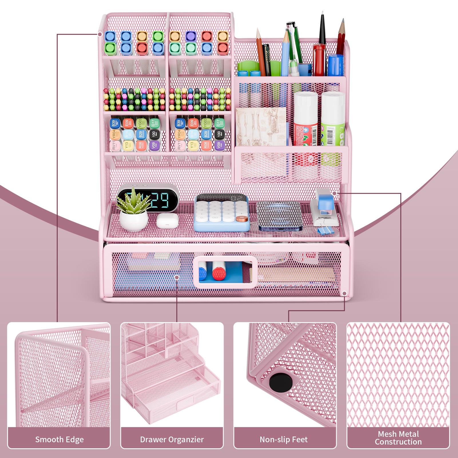 Portapenne da Scrivania, Organizer Scrivania in Rete, Organizer per Cancelleria, Portapenne Multifunzionale con cassetto per casa e ufficio (rosa)