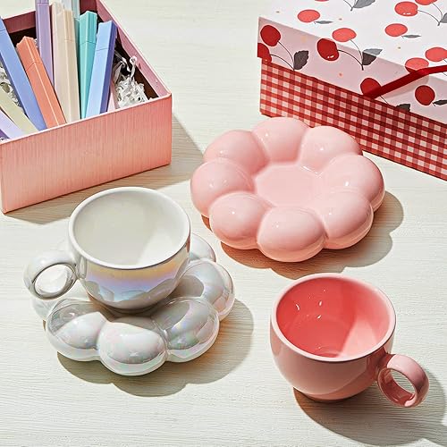 Miniatura 7 de 2 tazas de cerámica con diseño de nube de 7 onzas, taza de café de cerámica con platillo para oficina, hogar, café, té, leche, rosa y blanco perla
