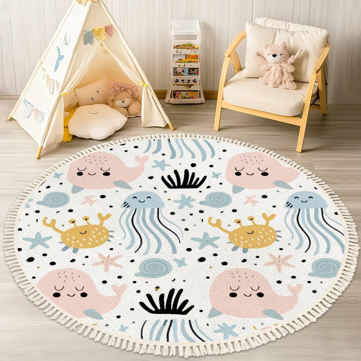 Ocean Beach Area Rugs Cute Whales Jellyfish Crabs fo Marine Animal Round Boho Area Rug Linen Carpet Playmat Washable Hallway Runner Mat for Nursery Kid Room Bedroom Decoration Children Gift 4ft