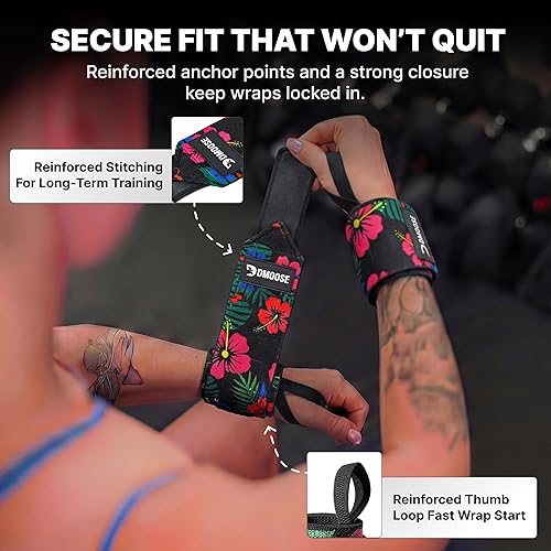 Miniatura 8 de DMoose Fitness Muñequeras para levantamiento de pesas de 18 pulgadas – Envoltura de gimnasio resistente con lazo para el pulgar para apoyo y alivio