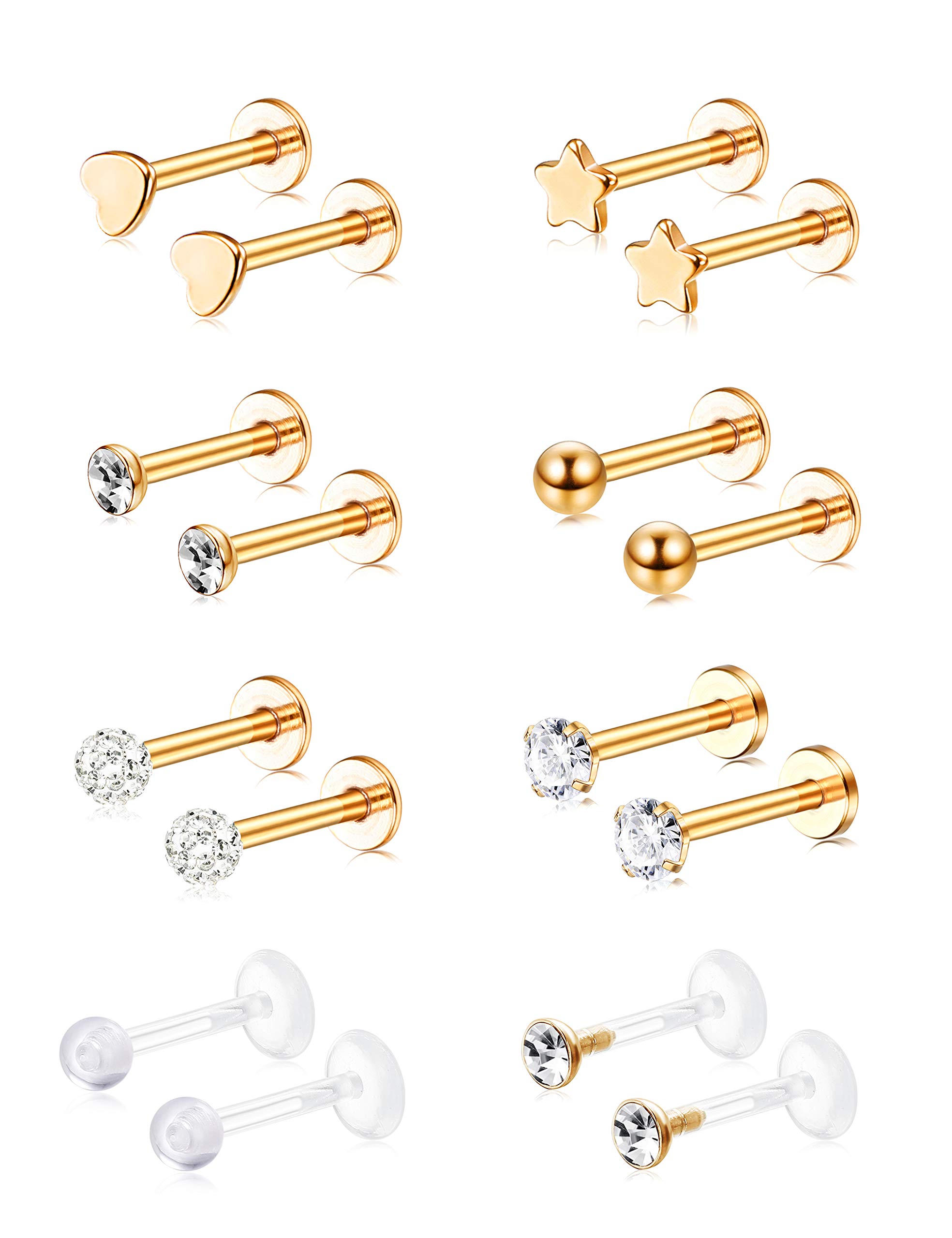 CASSIECA16 Piezas Acero Inoxidable Piercing Hombre Señoras Oído Cartílago Piercing Oído Piercing Labio Piercing Set Tragus Piercing Oro Rosa Oro Plata
