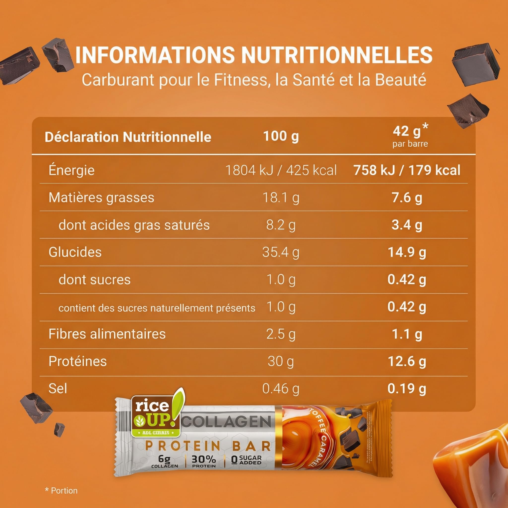 RiceUP! Barre Protéinée Toffee Caramel au Collagène – 30% Protéines, 6000 mg Collagène Type I & III, Sans Sucre Ajouté, Moins de 215 kcal – Snack Protéiné 12 x 42 g