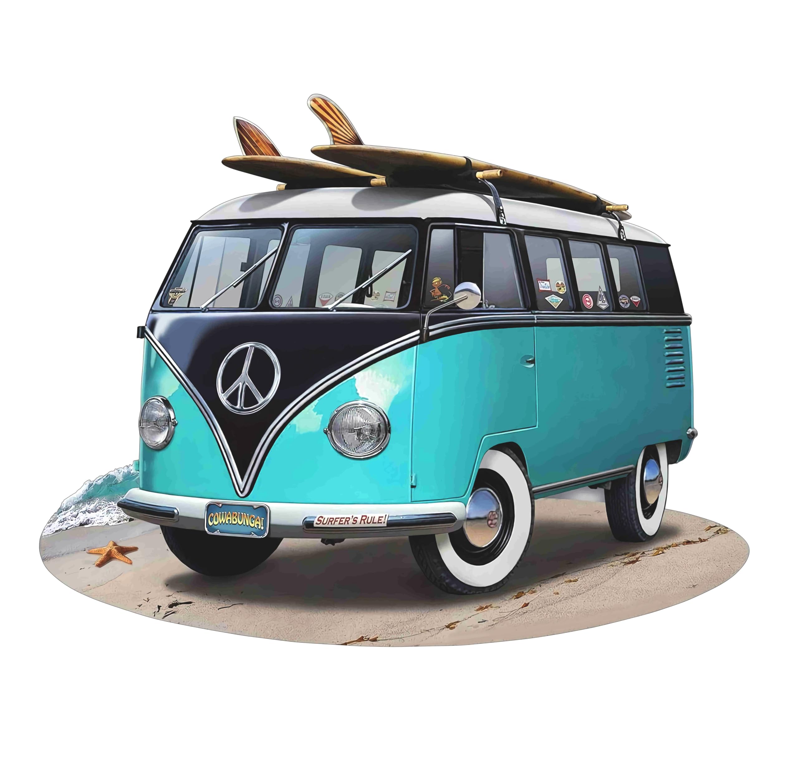 Déco murale vintage métal combi van bleu noir plage surf sable 48x38cm