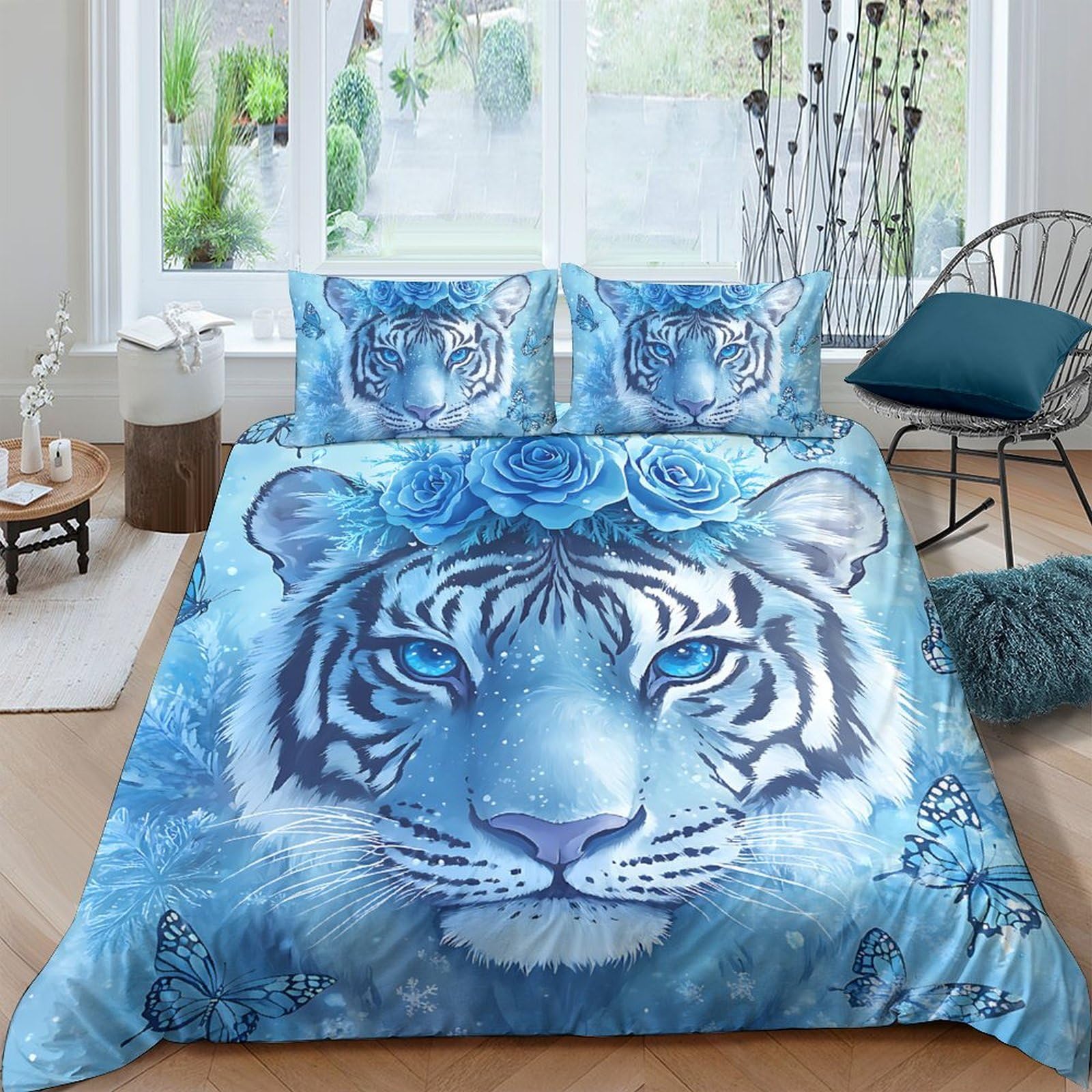 Ctjqhvkz Style-1 3D Printed Blue Tiger Fitted Sheet Microfiber Soft Breathable Wild Animal Bed Cover For Bedroom Dorm Decor Single（135X200cm）