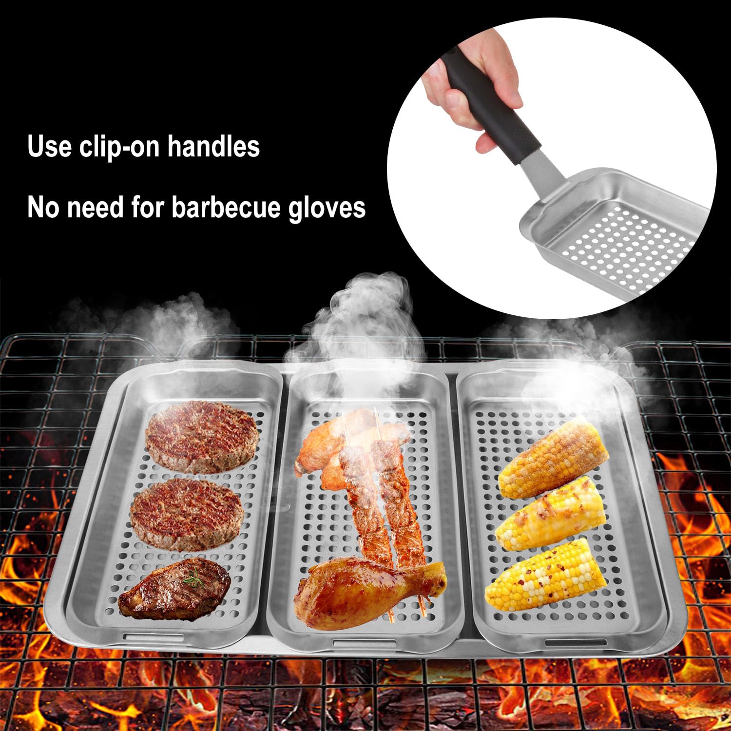 Juego de 5 cestas de parrilla de acero inoxidable, 16.6 x 11.1 pulgadas, cesta de parrilla al aire libre con mango de clip, sartenes para parrilla al aire libre, accesorios de parrilla para