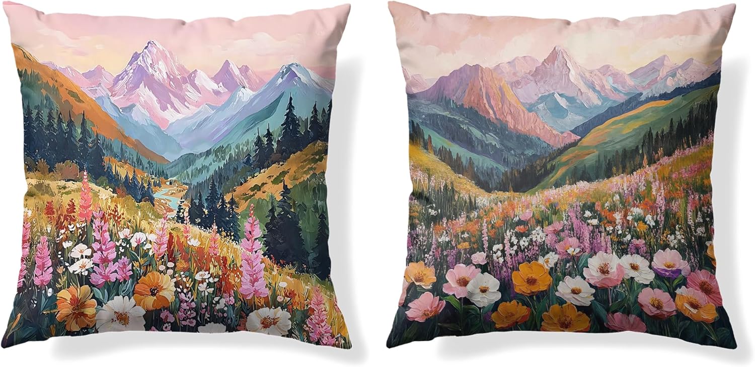Colorful Nature Flowers Home Decor Throw Pillow Covers 18x18 Set of 2,Boho Blue Ridge Mountain Decor pillowcase,Modern Wildflower Blossom Landscape Art