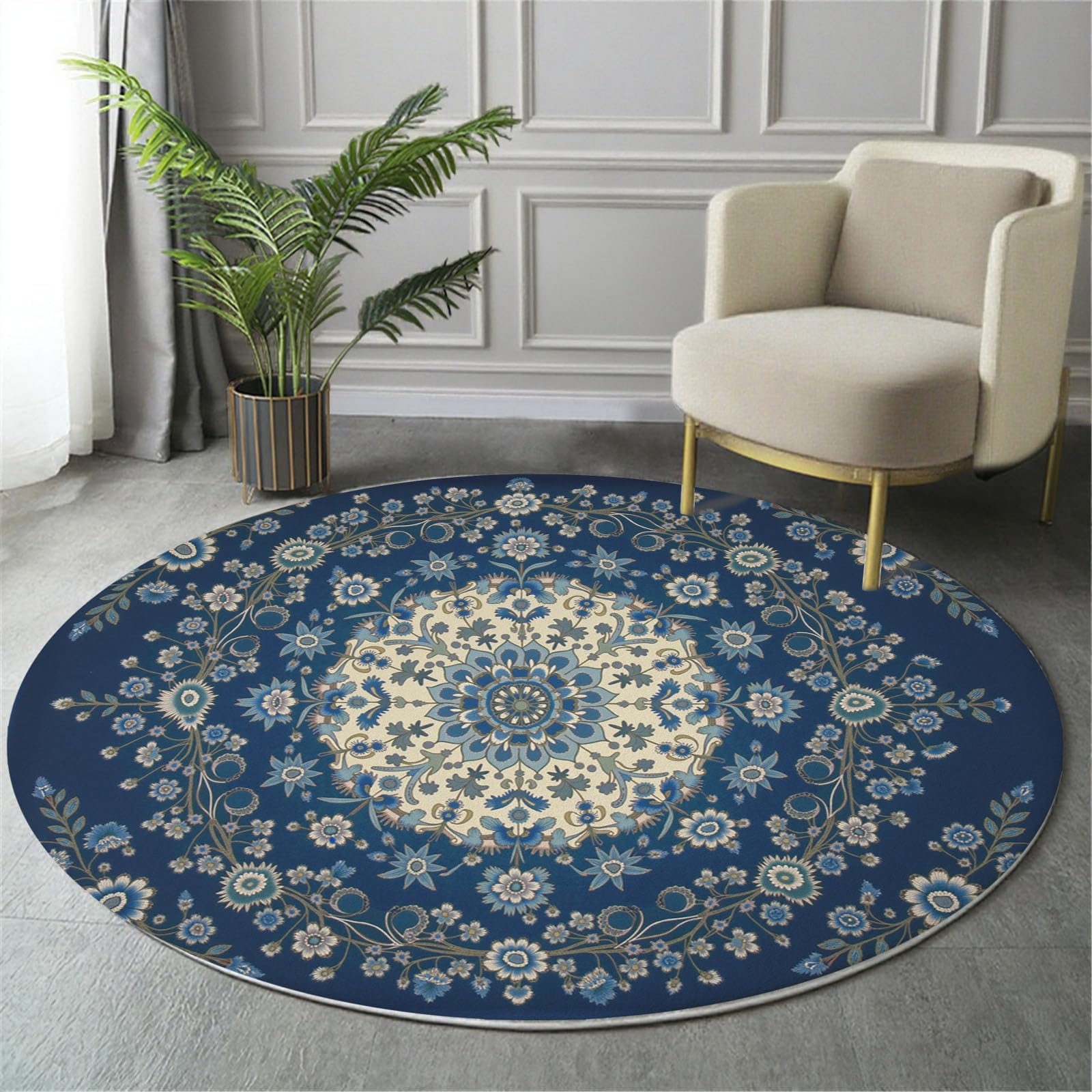 Tapis rond bleu antidérapant et lavable de 120cm idéal pour la cuisine