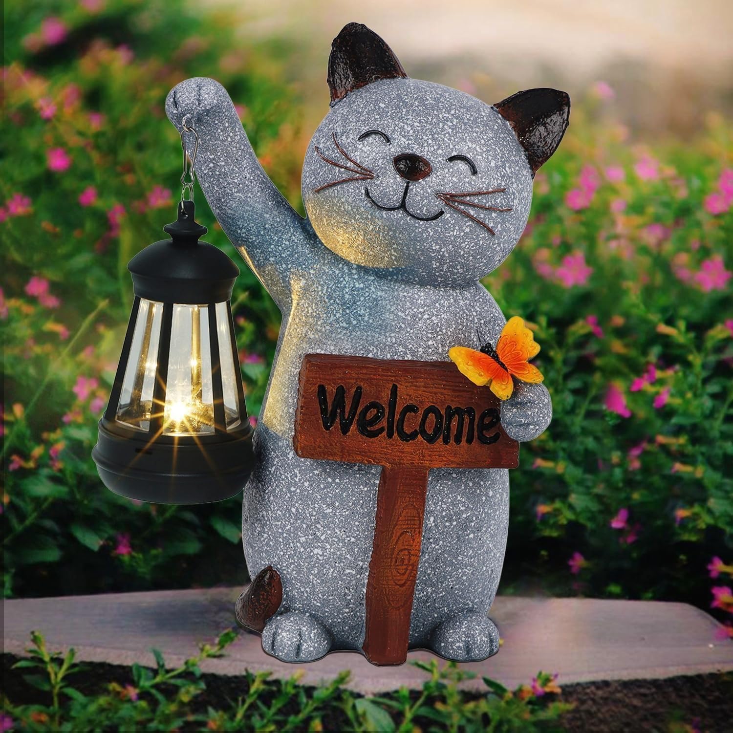 Friendly Solar Cat Garden Statue with Lantern, Resin Outdoor Welcome Sign Ornament Light Up Figurine for Porch Patio - Image 3