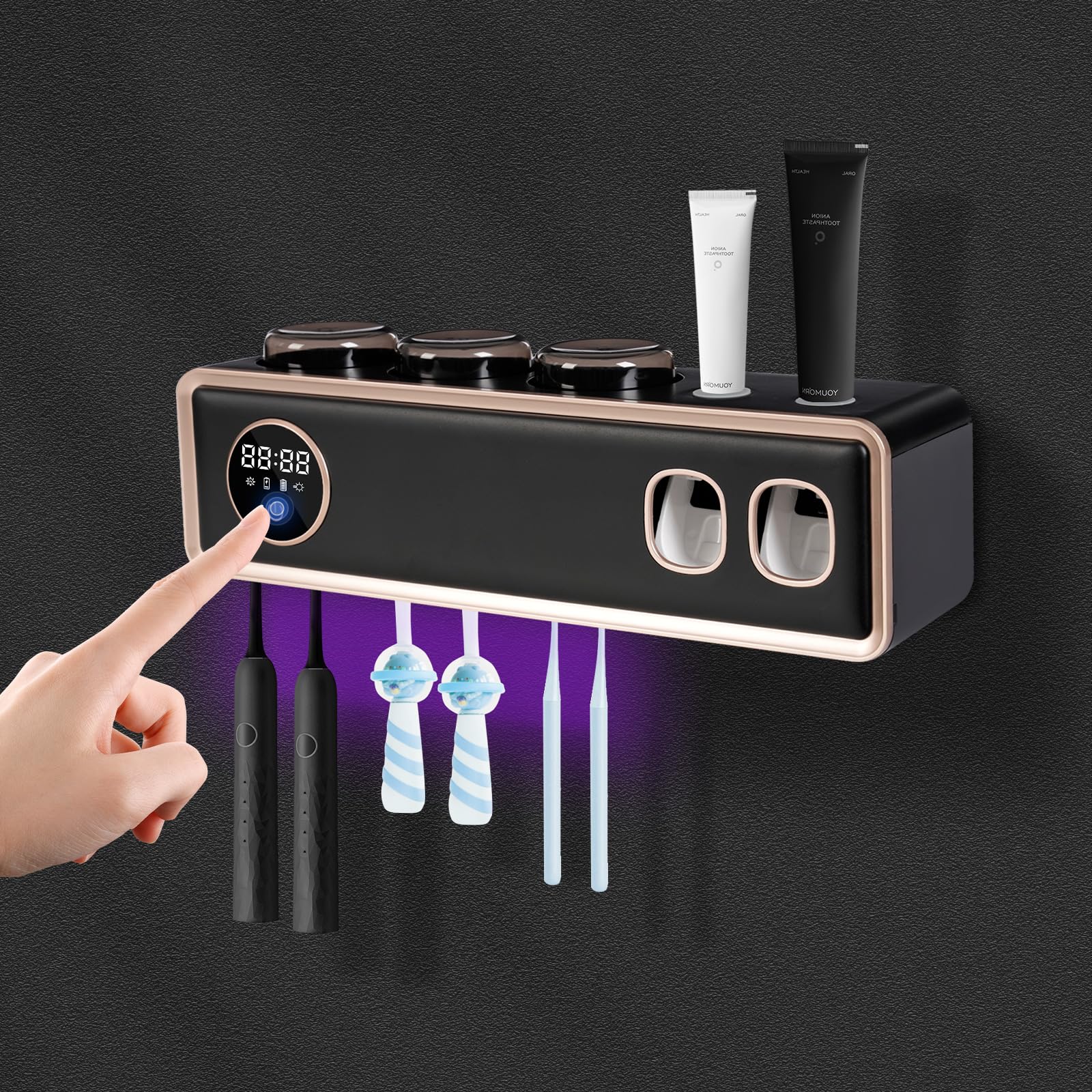 Cepillo de dientes desinfectante UV, soporte para cepillo de dientes con indicador LED, montaje en pared, dispensador de pasta de dientes, recargable por USB, 30 días con una sola carga (negro)