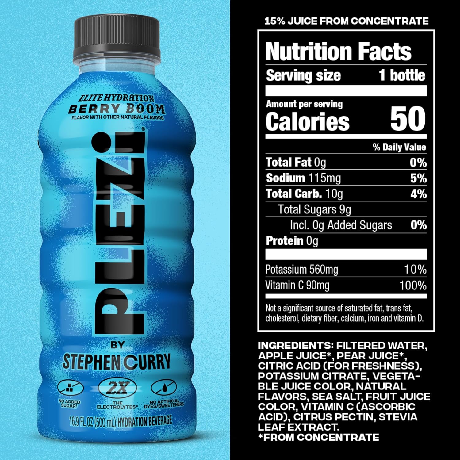 PLEZi Hydration Drink BERRY BOOM - Electrolyte Drinks Made with Real Juice, 2X Electrolytes vs the Leading Sports Drink, 560mg Potassium - No Added Sugar Sports Hydration - 16.9 fl oz, 12 Pack