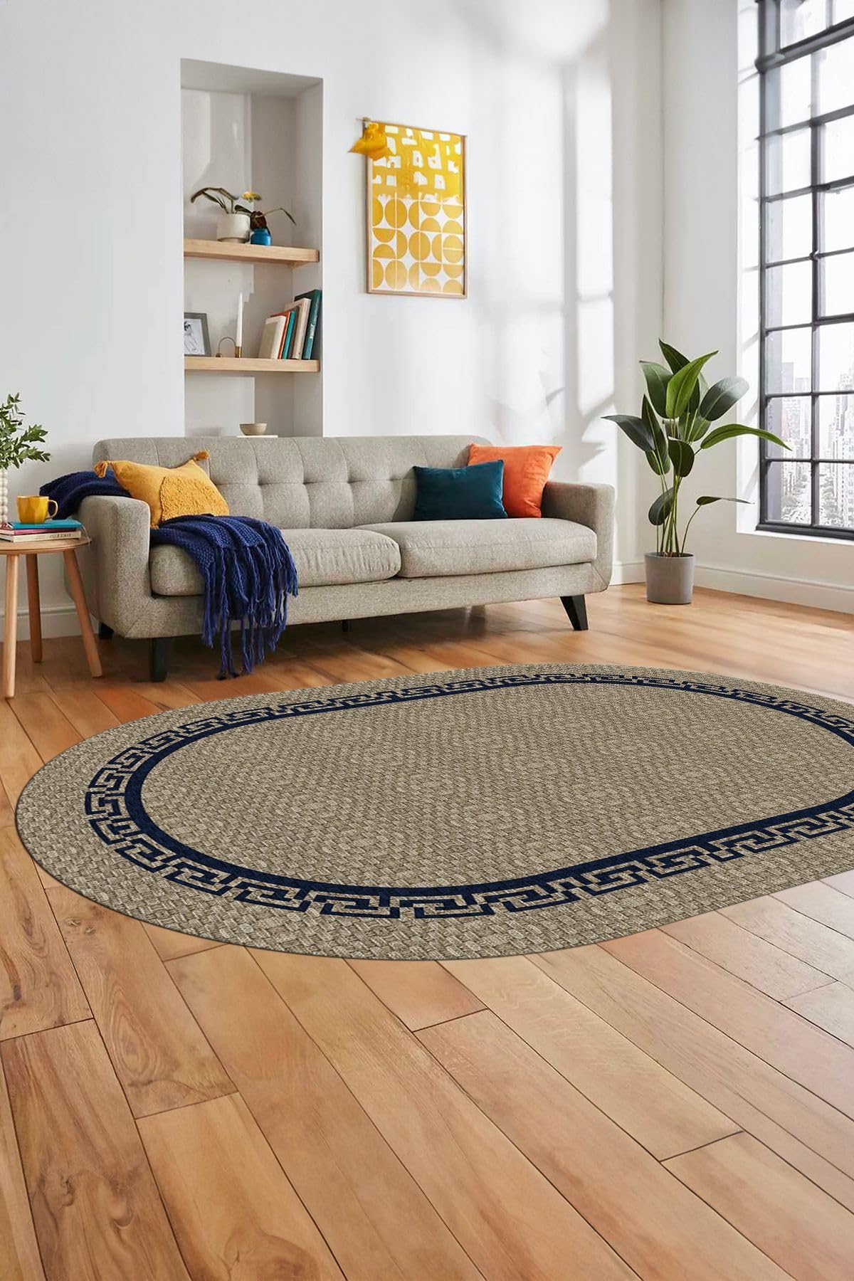 Evdeya Dijital Kaymaz Taban Yıkanabilir Jüt-Hasır Görünümlü Oval Mutfak Yolluk Salon Halısı O-JÜT-01, Mavi, 180 x 300