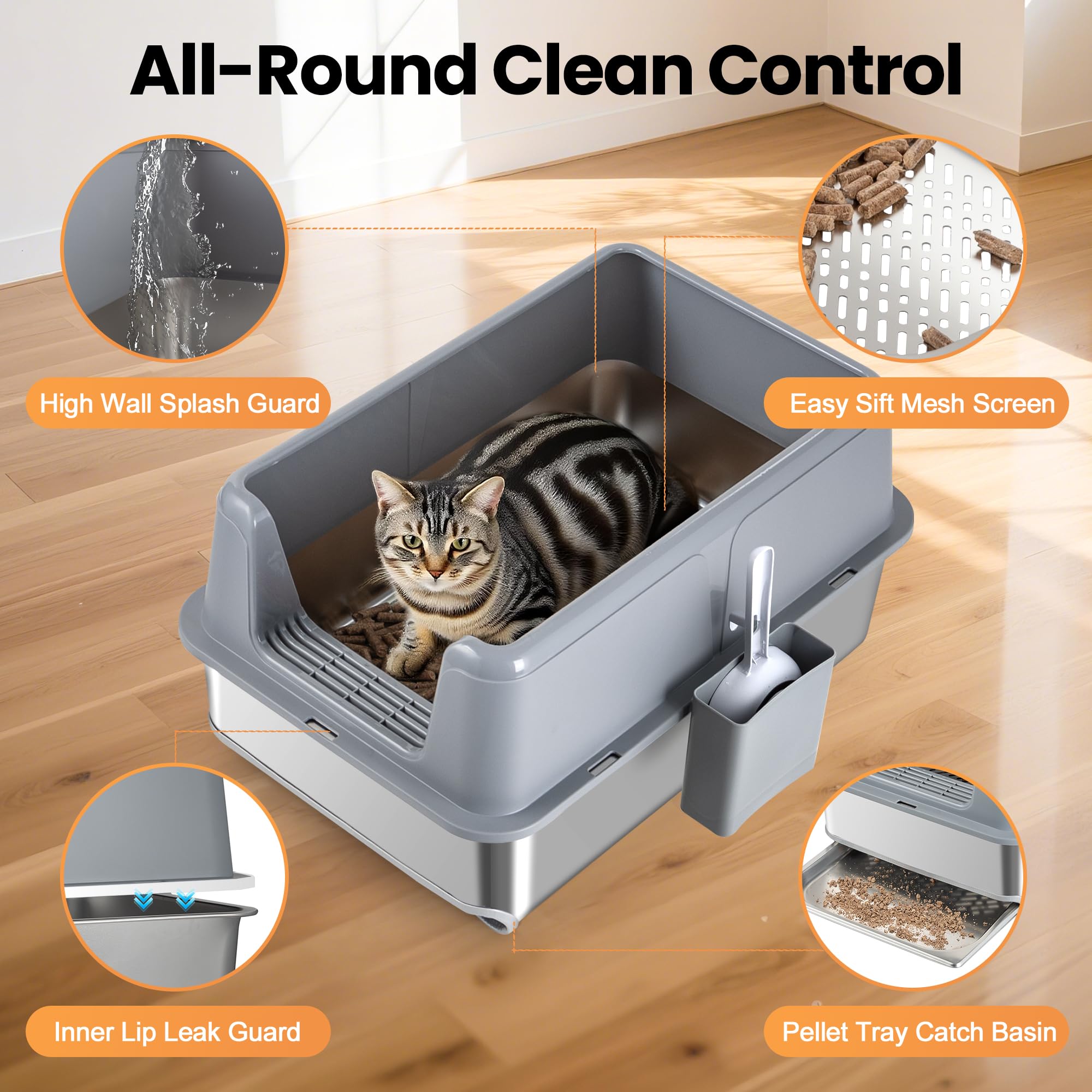 23.6''x15.6''x12'' Stainless Steel Sifting Litter Box with Sifter, Pine Pellet Litter Box with Lid for Big Cats, Built-in Sifter, No Waste Bag Needed, Easy to Clean & Durable (Grey) - image 3